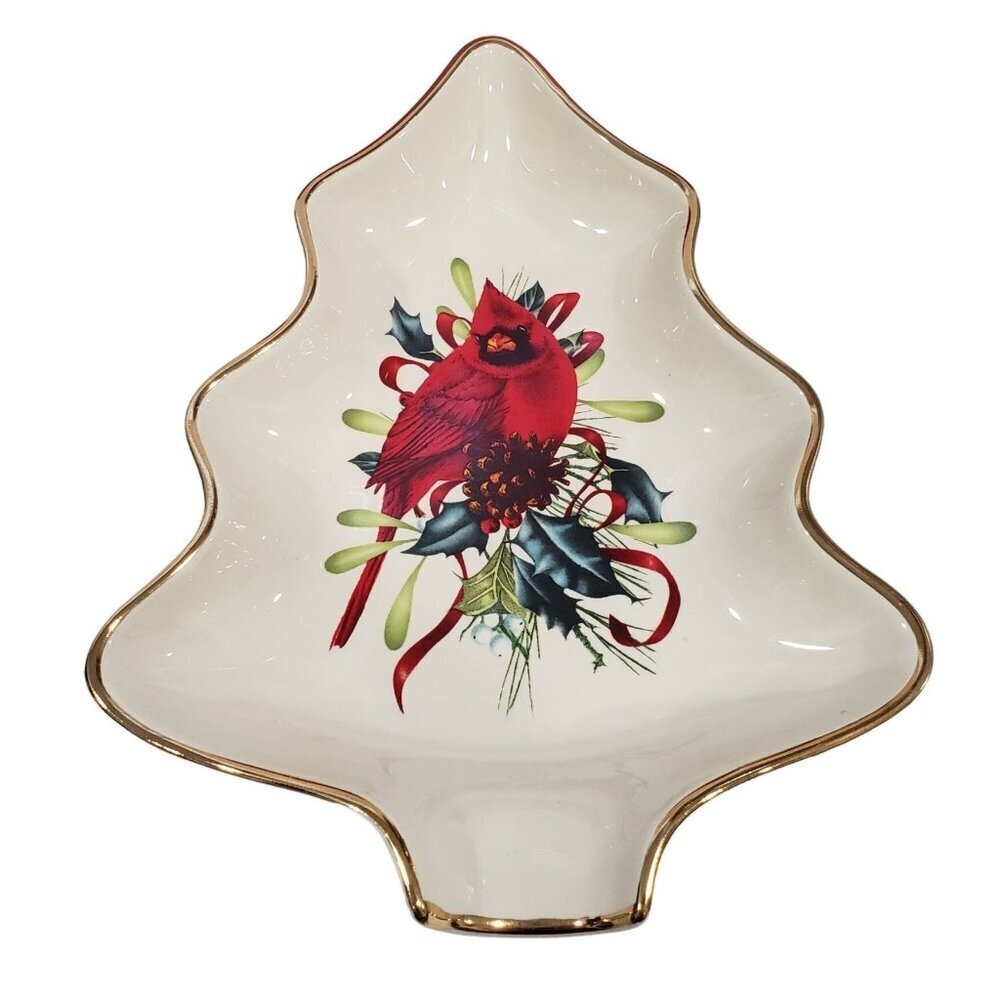 Lenox Cardinal Candy Nut Dish Bowl Porcelain 24K Tree Shaped Trinket in Box